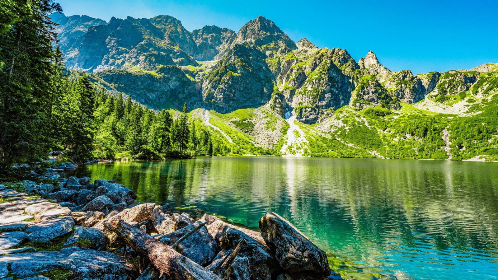 Tatra National Park in Poland. Famous mountains lake Morskie oko or sea eye lake In High Tatras. Five lakes valley