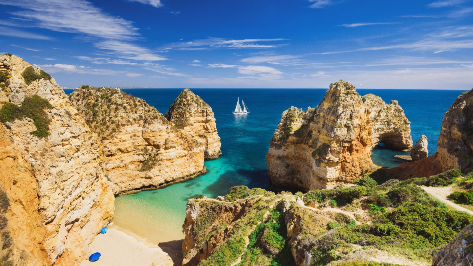 Beautiful bay near Lagos town, Algarve region, Portugal. Sandy beach. Portuguese landmark, popular travel destination