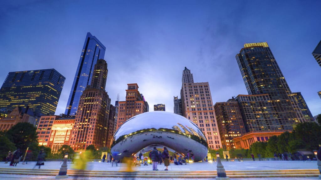 Chicago, USA - September 6, 2017: Famous Cloud Gate also known as the Bean is one of the park's major attractions at night