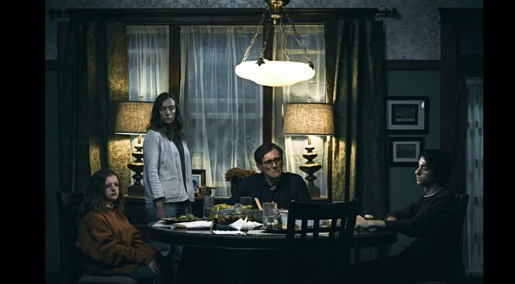 Gabriel Byrne, Toni Collette, Alex Wolff, and Milly Shapiro in Hereditary (2018)