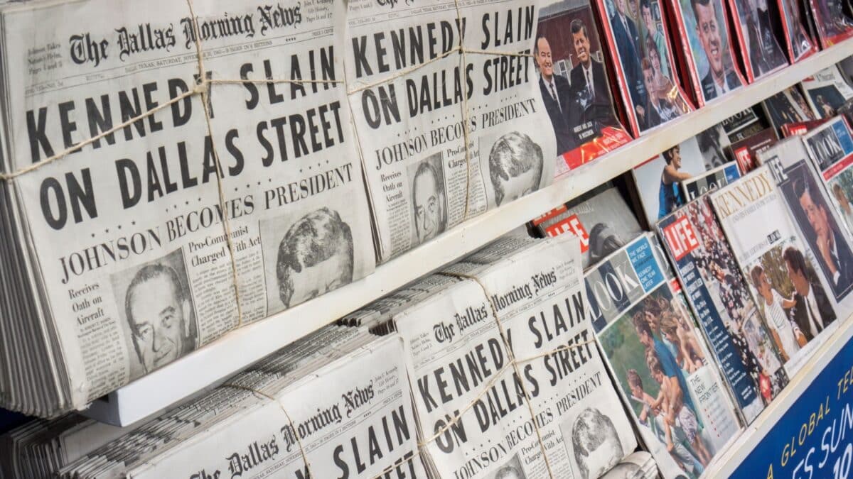 New York NY/USA-November 6, 2013 A 1960's era newsstand, complete with 1963 newspapers and magazines for the National Geographic Channel's program "Killing Kennedy"