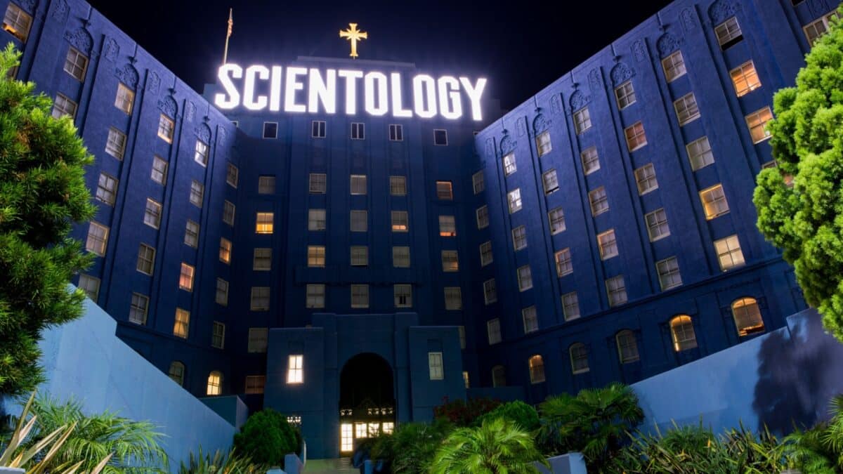 Los Angeles, CA: July 27, 2016: Church of Scientology building at night in Los Angeles. Scientology is a religion that was created in 1954 by science fiction author L. Ron Hubbard.