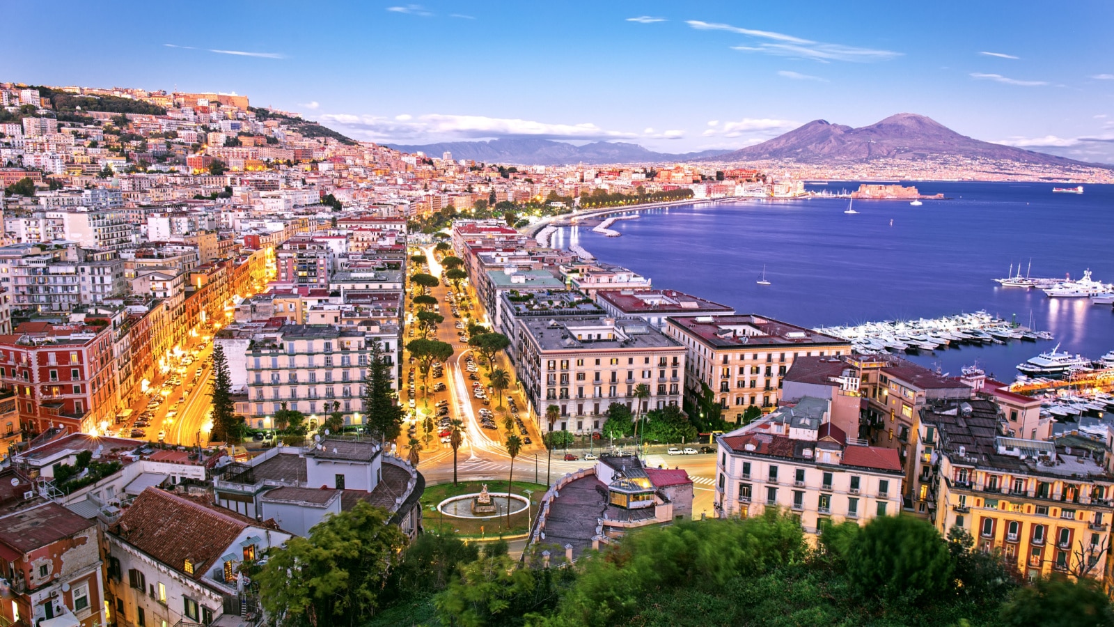 Panoramic scenic view of Naples at night, Campania, Italy