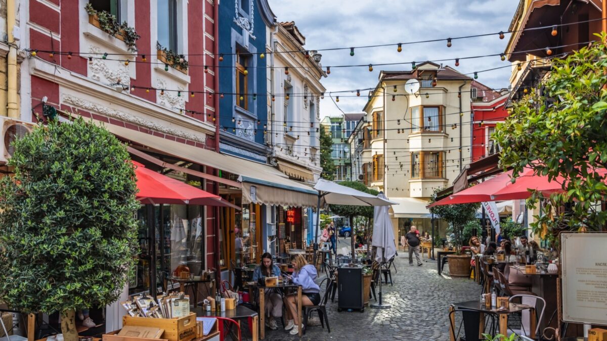 Plovdiv, Bulgaria - September 8, 2021: Street in Kapana area of historic part of Plovdiv city