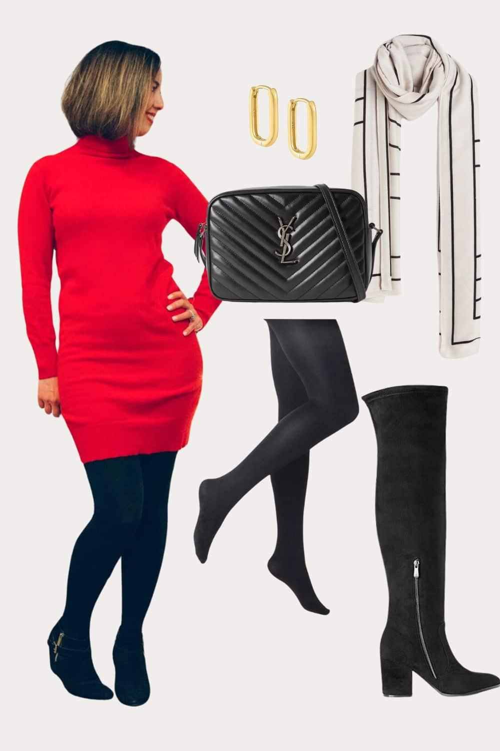 A red sweater dress outfit featured a chunky scarf, black tights, black knee high boots and YSL purse