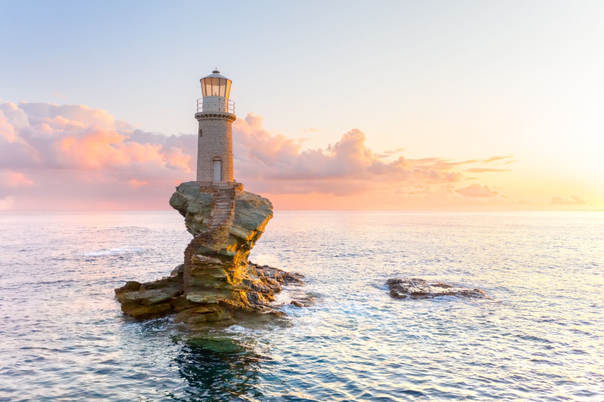 The beautiful Lighthouse Tourlitis of Chora in Andros island, Cyclades, Greece