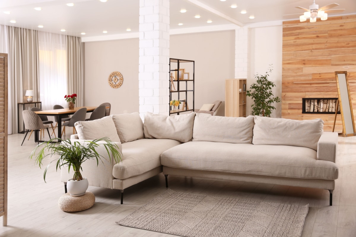 Modern living room interior with comfortable sofa and wooden table