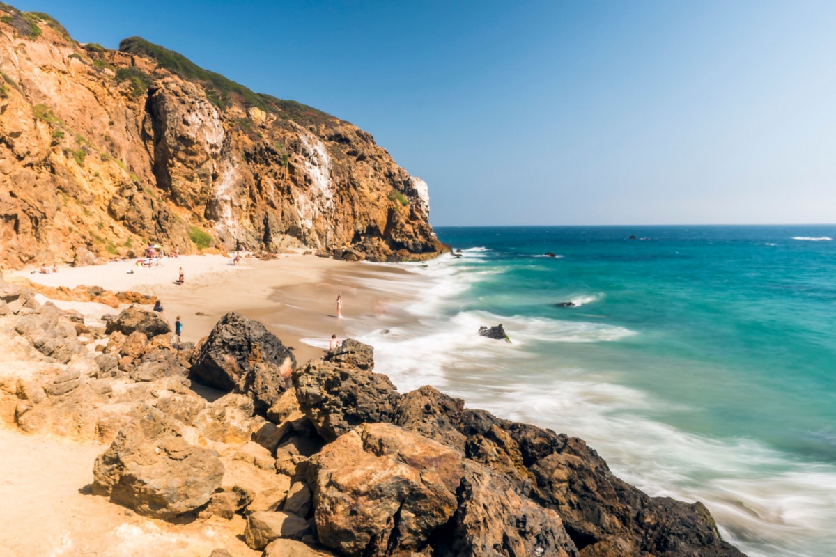 Dume Cove Malibu, Zuma Beach, emerald and blue water in a quite paradise beach surrounded by cliffs. Dume Cove, Malibu, California, CA, USA