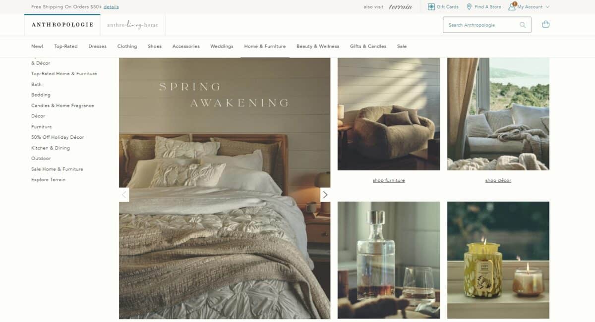 anthropologie home decor webpage