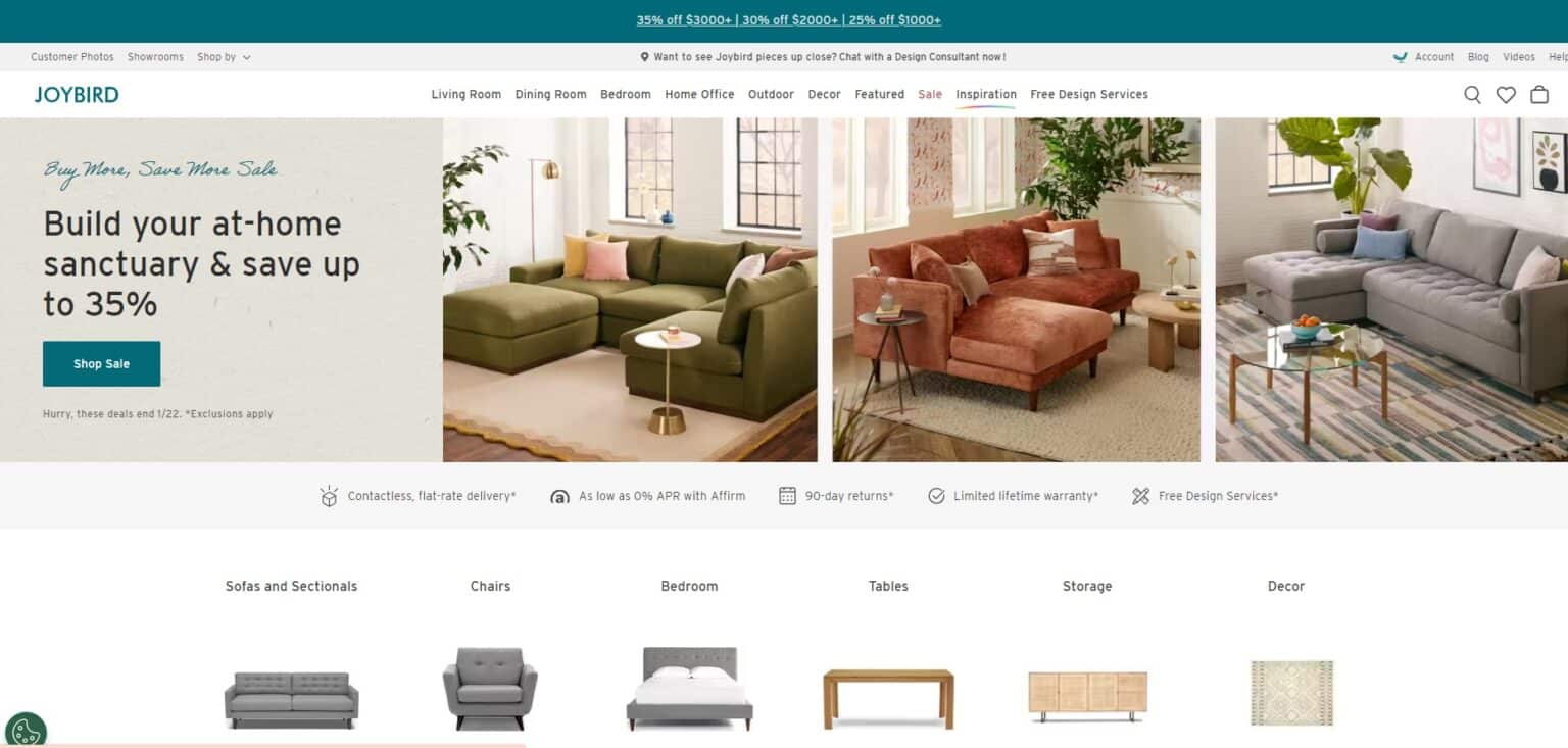 joybird home page featuring green, orange, and grey sofas