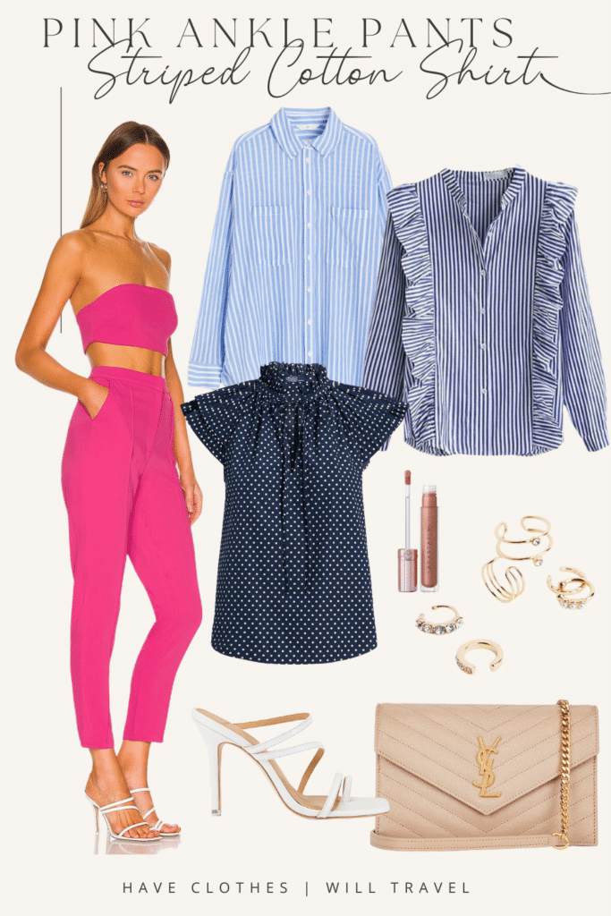 Collaged photo of clothing including a pair of pink pants, striped cotton shirts, cosmetics, and accessories