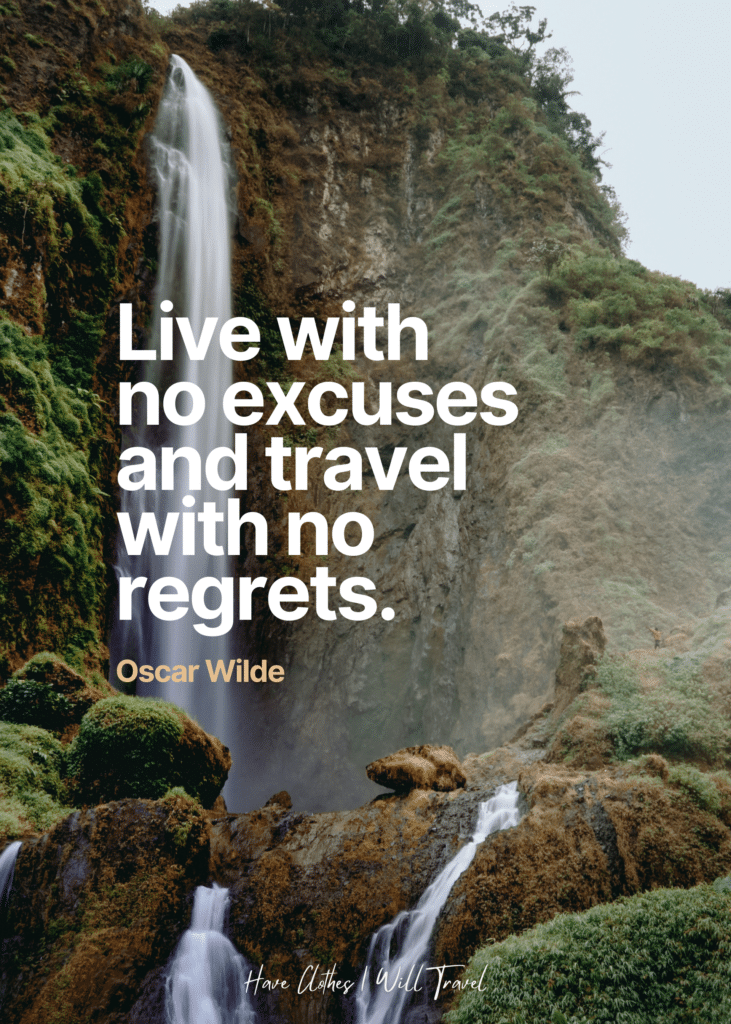 Portrait shot of a natural falls with rock formations as background for a life quote by Oscar Wilde 