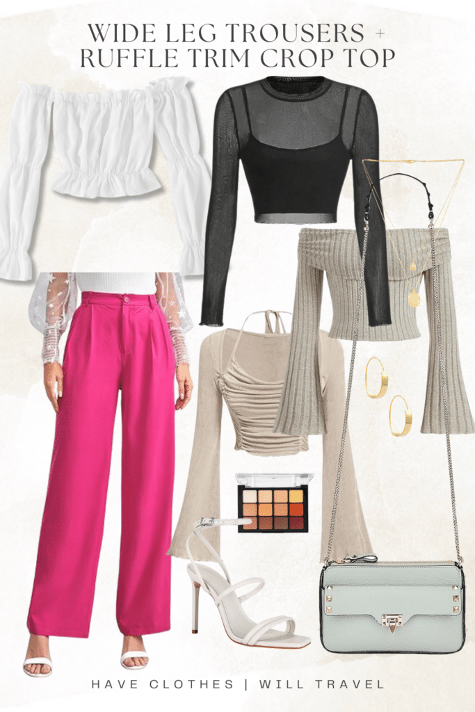 Collaged photo of clothing including a pair of pink pants, crop top in black, beige, and white color, cosmetics, and accessories