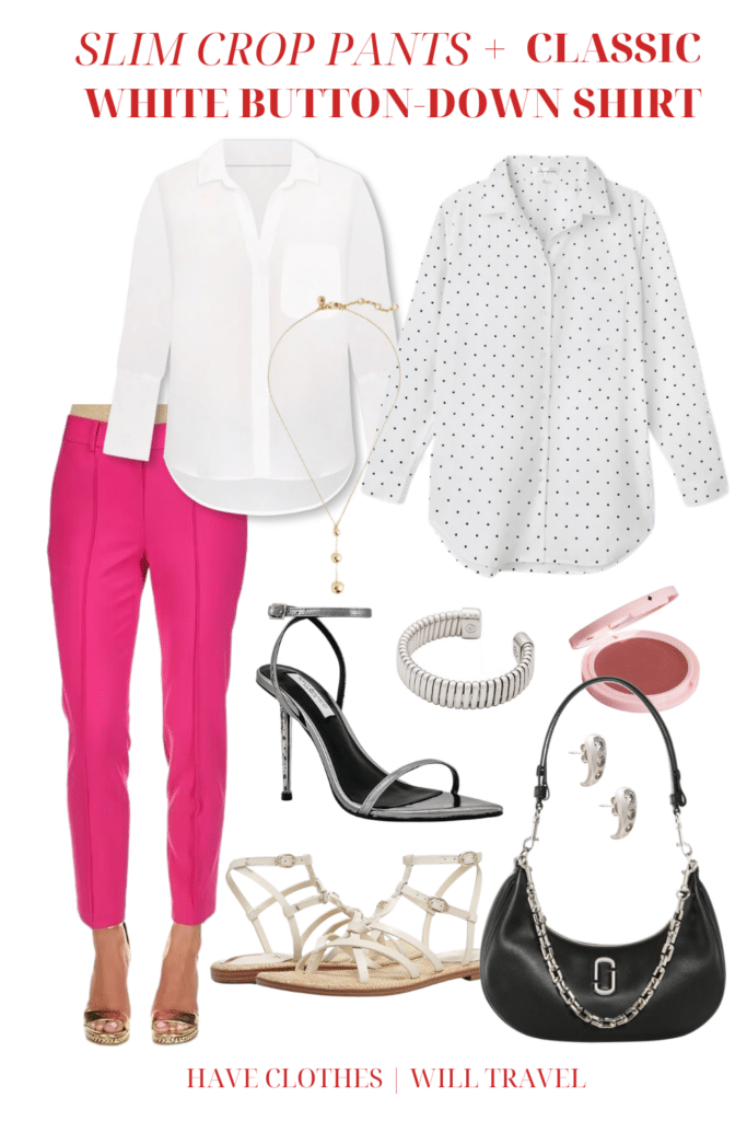 Collaged photo of clothing including a pair of pink pants, white button-down shirt, cosmetics, and accessories