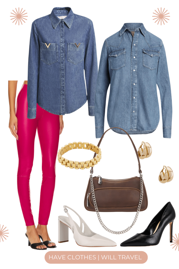 Collaged photo of clothing including a pair of pink pants, denim top, and accessories