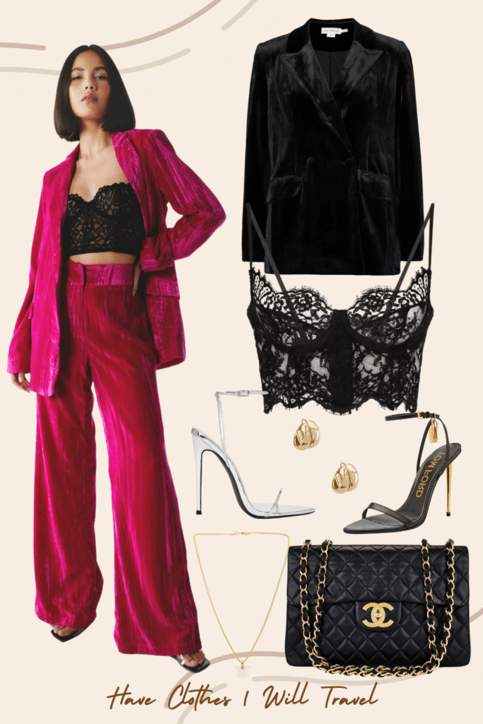 Collaged photo of clothing including a pair of pink pants, pink co-ord blazer, lace bralette, and accessories