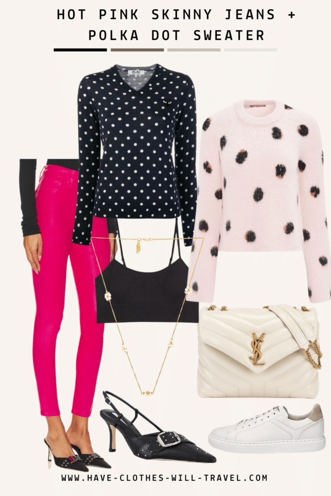 Collaged photo of clothing including a pair of pink pants, polka dot sweater, and accessories