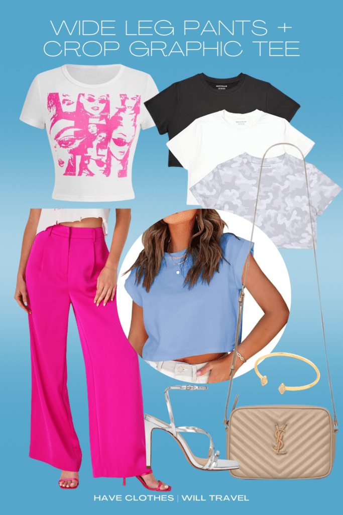 Collaged photo of clothing including a pair of pink pants, graphic tees, and accessories