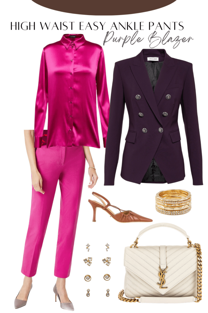 Collaged photo of clothing including a pair of pink pants, silk blouse, purple blazer, and accessories