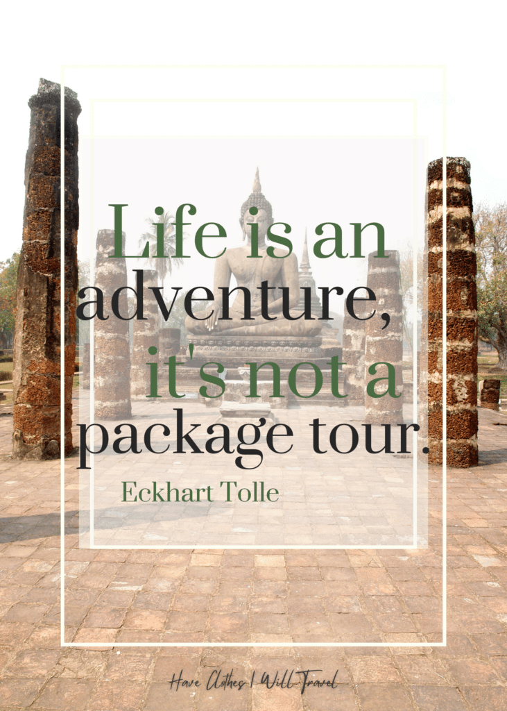 Portrait shot of an open temple in Asia with a large statue of a deity as background for a quote by Eckhart Tolle 