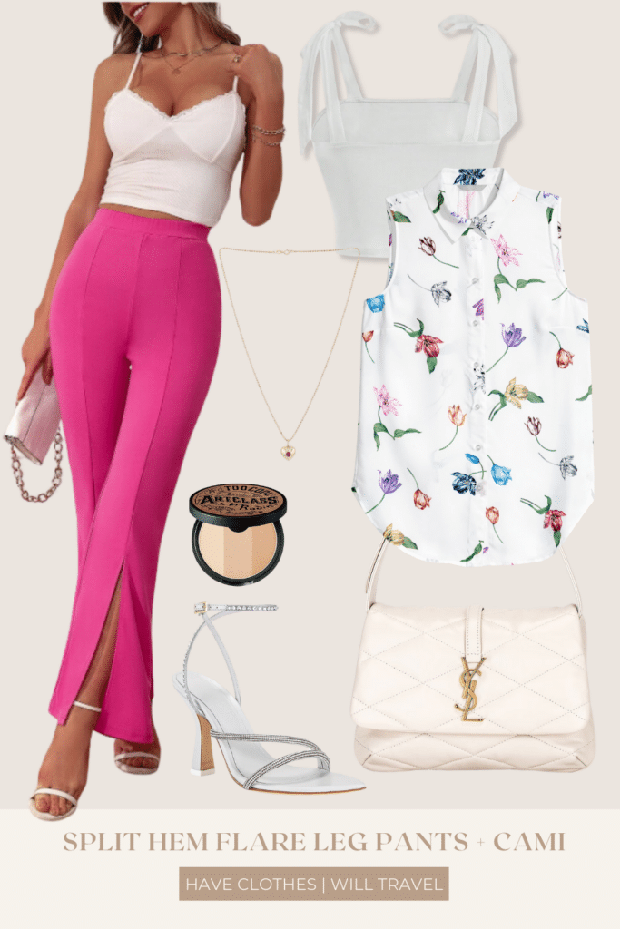 Collaged photo of clothing including a pair of pink pants, sleeveless floral button-down, cosmetics, and accessories