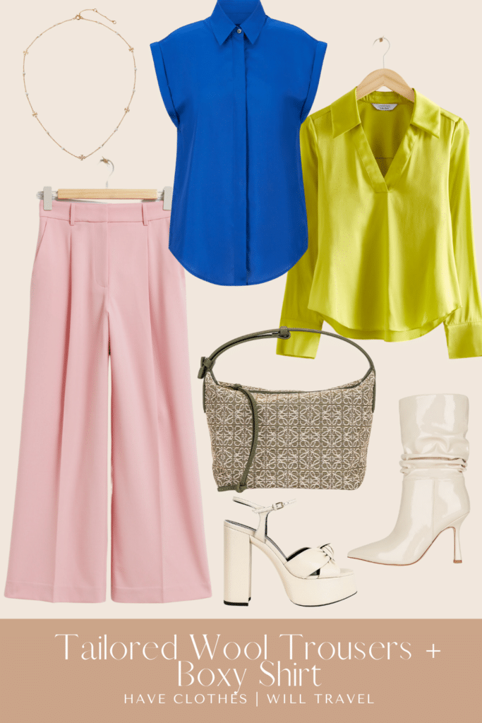 Collaged photo of clothing including a pair of pink pants, silk boxy shirts, and accessories