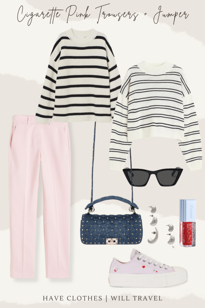 Collaged photo of clothing including a pair of pink pants, striped sweater, cosmetics, and accessories