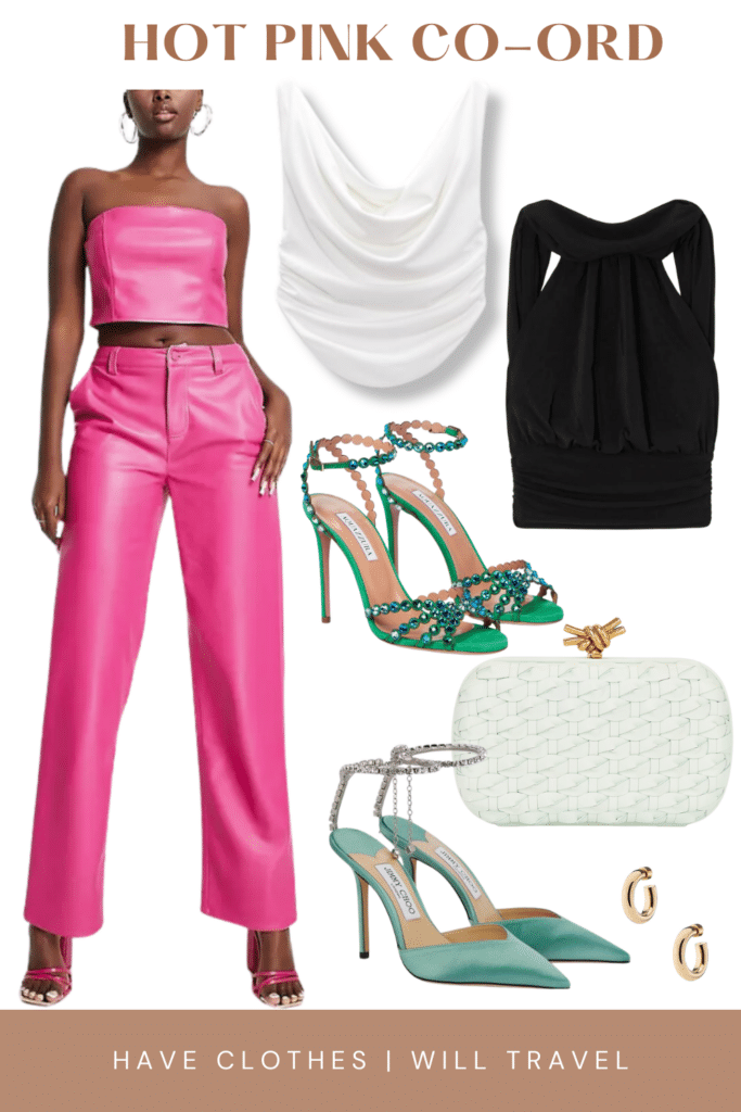 Collaged photo of clothing including a pair of pink pants, ruched top in white and black, green satin heels, and accessories