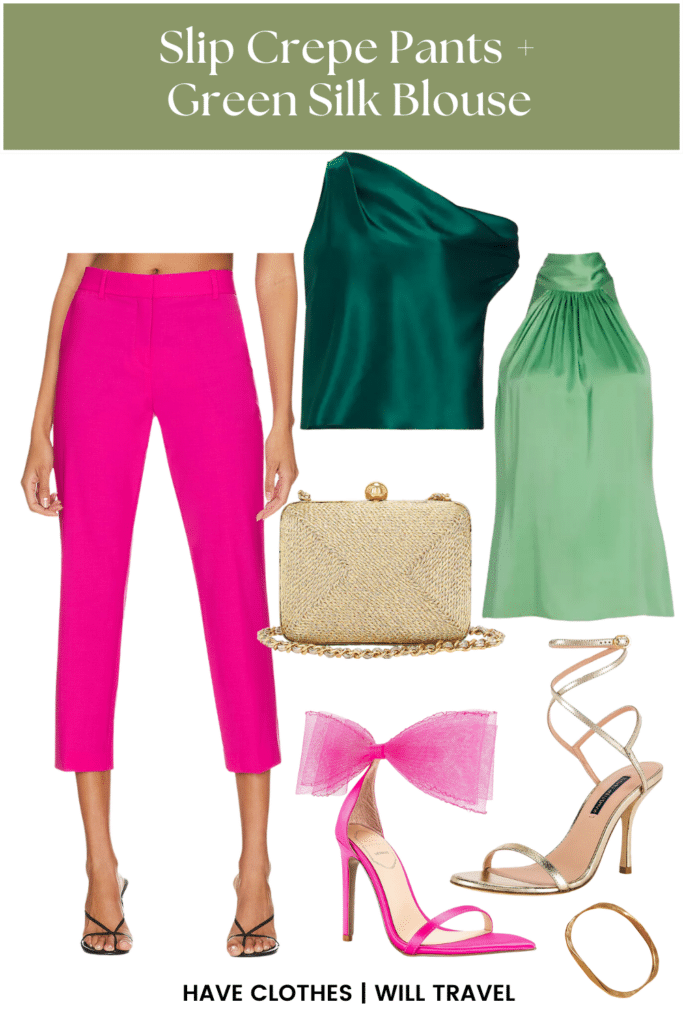 Collaged photo of clothing including a pair of pink pants, silk green blouse,  and accessories