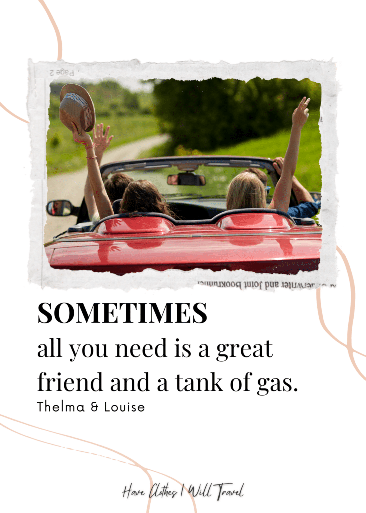 Portrait shot of a group of friends on a red car as background for a movie quote from Thelma & Louise