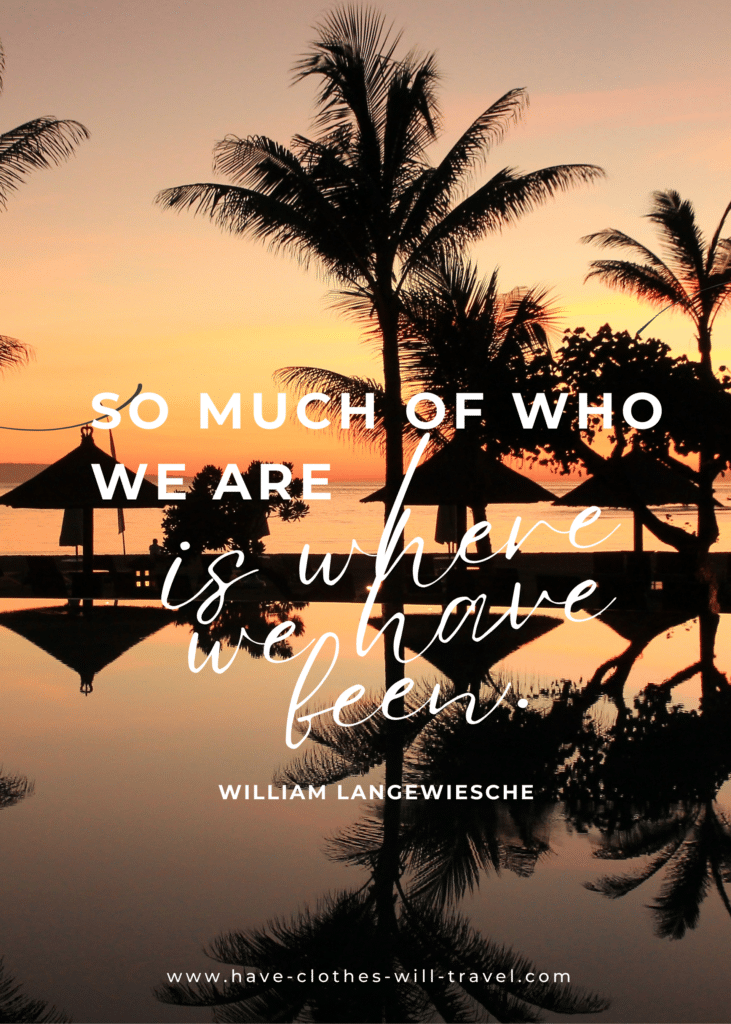 Portrait shot of an ocean resort with coconut trees and cabanas during sunset as background for a travel quote by William Langwiesche