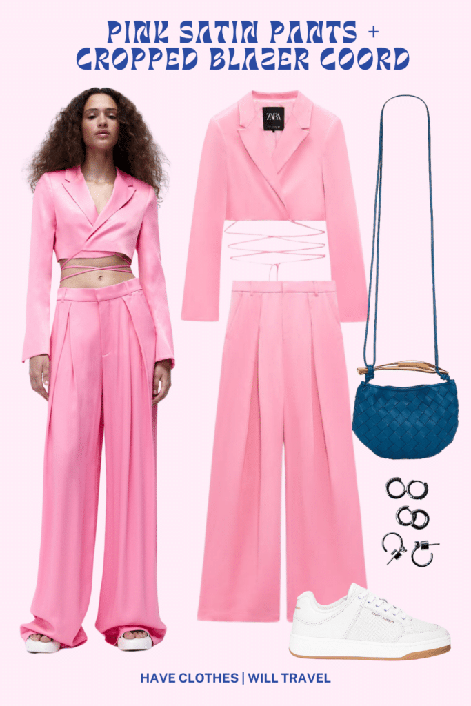 Collaged photo of clothing including a pair of pink pants, co-ord crop blazer, and accessories