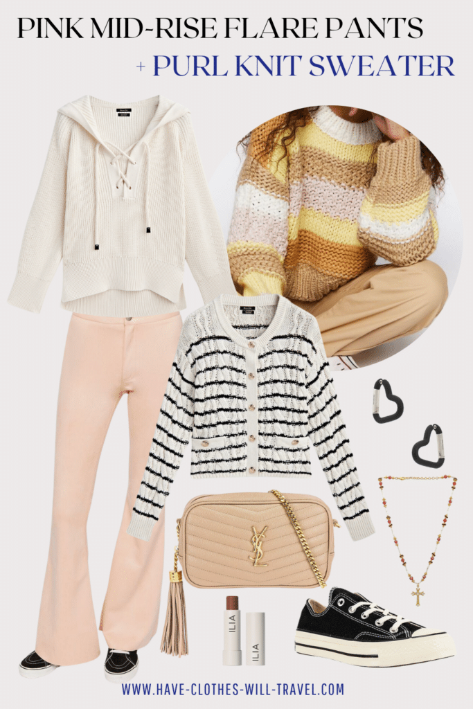 Collaged photo of clothing including a pair of pink pants, classic striped purl knit sweater, cosmetics, and accessories