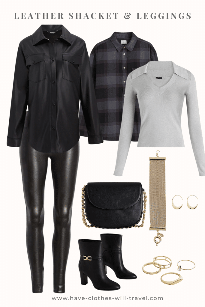 Collaged photo of how to style leather leggings; included in the photo is a mix of a faux leather leggings, leather shacket, plaid grey shirt, light grey long sleeved top, ankle boots, small crossbody bag with chain strap, gold rings, earrings, and bracelet