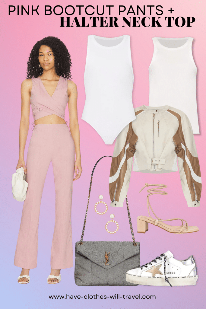 Collaged photo of clothing including a pair of pink pants, white halter neck top, nude heels, white sneakers, and accessories