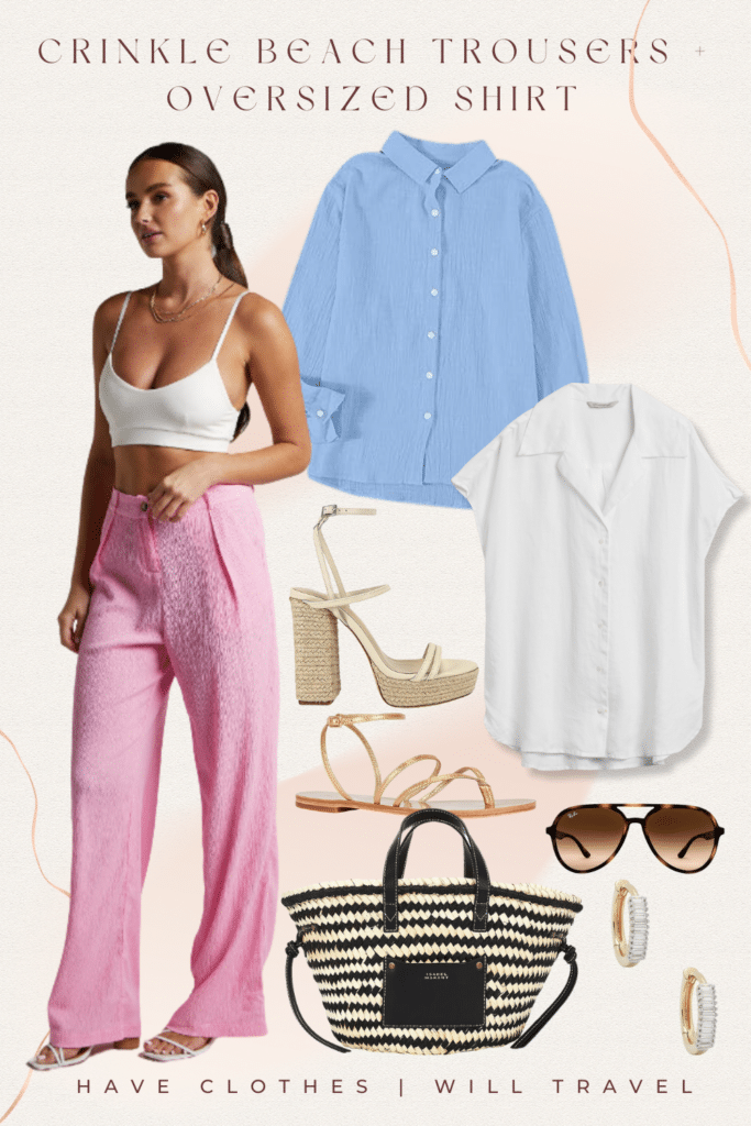 Collaged photo of clothing including a pair of pink pants, oversized shirt in blue and white, and accessories