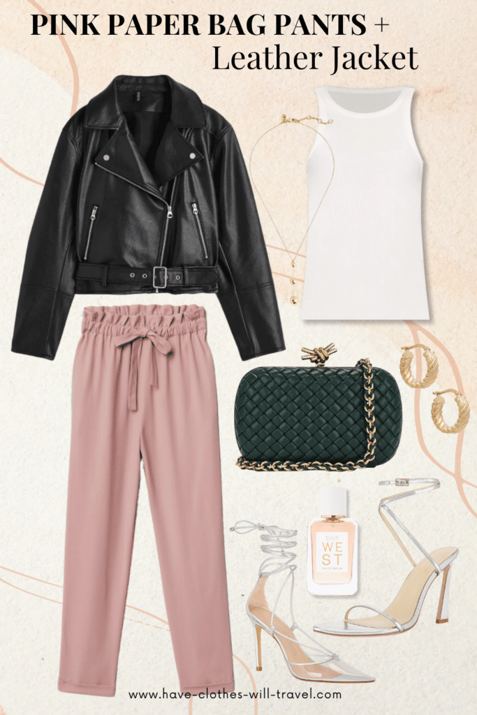 Collaged photo of clothing including a pair of pink pants, white tank top, black leather jacket, cosmetics, and accessories