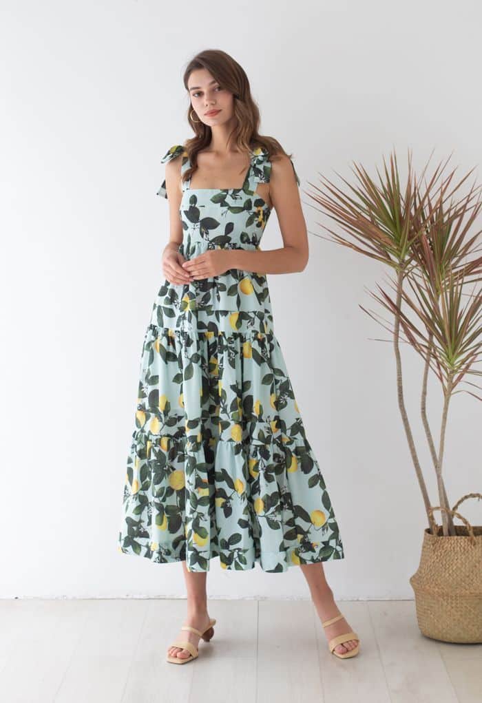 MINTY LEMON PRINTED TIE-STRAP MAXI DRESS