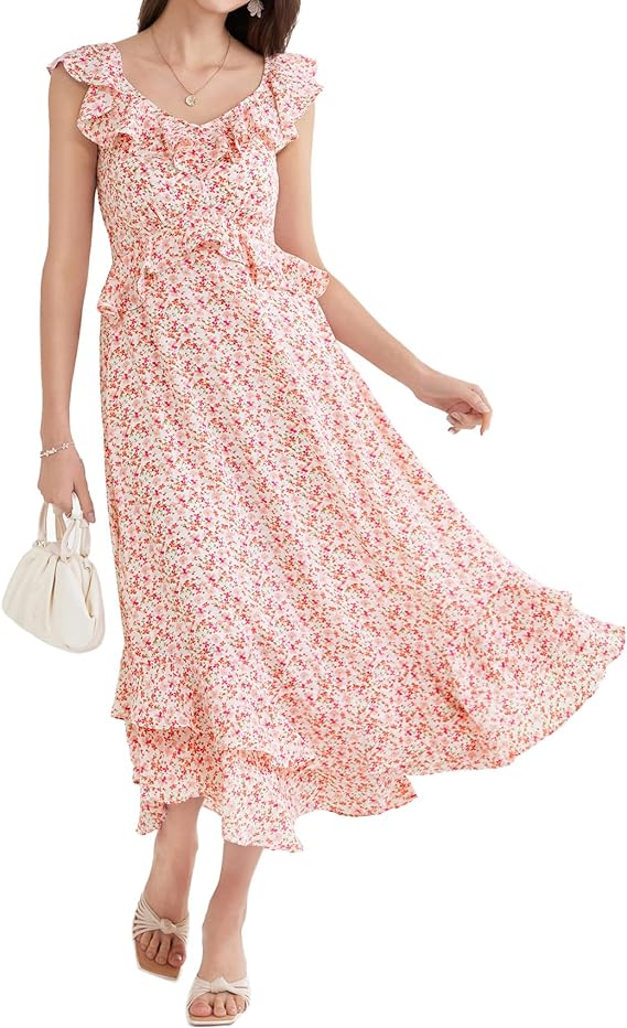 GRACE KARIN Women's 2024 Summer Floral Casual Sleeveless V Neck Ruffle Layered Beach A-Line Boho Flowy Maxi Dresses