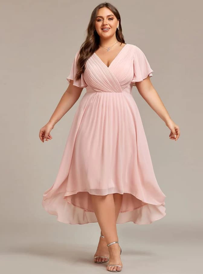 Plus Size Double V-Neck Ruffles Sleeve Chiffon Midi Wedding Guest Dress