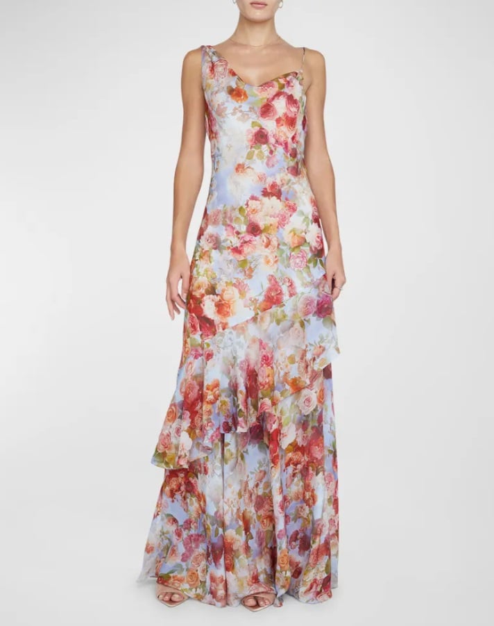 Viola Asymmetric Ruffled Cowl-Neck Maxi Dress in a floral print