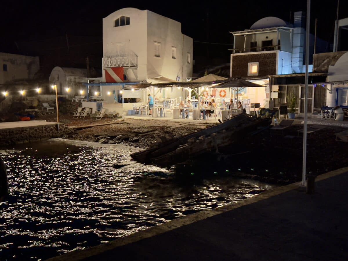 The Armeni Restaurant lit up at night