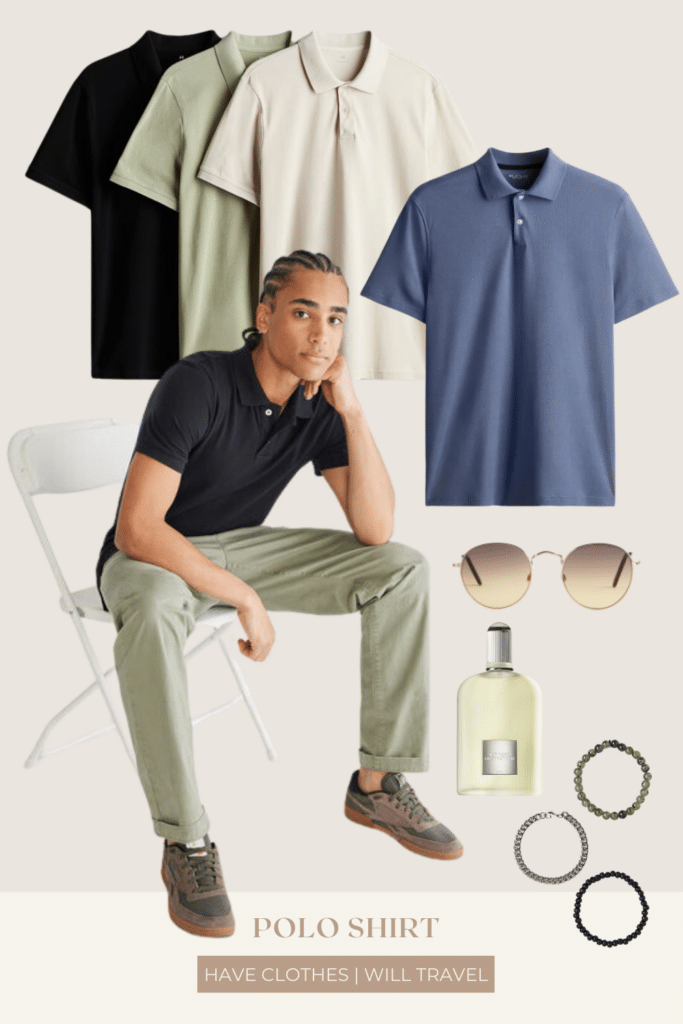 Collage photo of a graduation guest outfit idea for men featuring dress pants, polo shirts, socks, shoes, and a variety of accessories