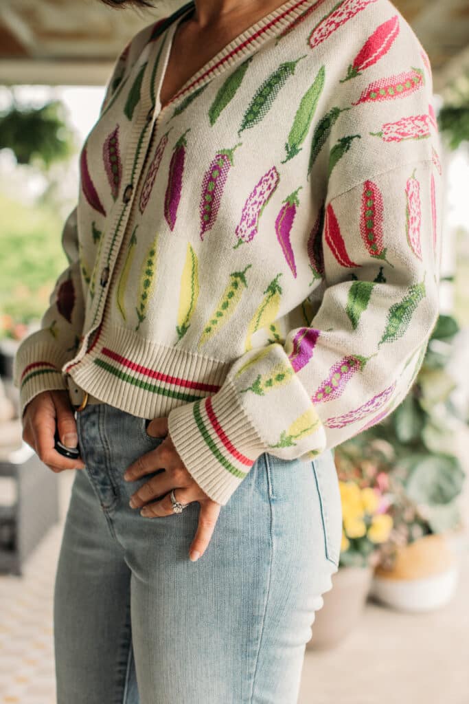 A close up of Rachel Antonoff Pea Cardigan paired with jeans and wedges worn by Have Clothes, Will Travel