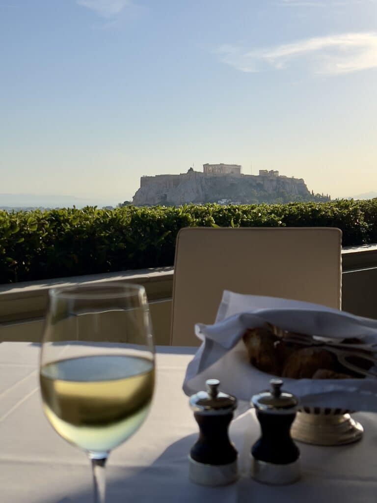 Rooftop dinner in Athens view from our table of the Acropolis