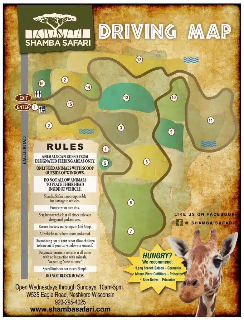 Park map for Shamba Safarin in Neshkoro Wisconsin. This driving map shows you wear to go in the drive-through safari.