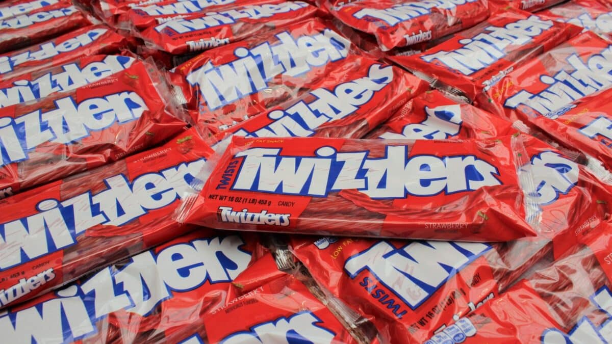 Hershey, Pennsylvania / USA - August 7, 2018: Twizzlers Candy Display for sale seen at Hershey Chocolate World retail outlet and tourist attraction in Hershey, Pennsylvania.