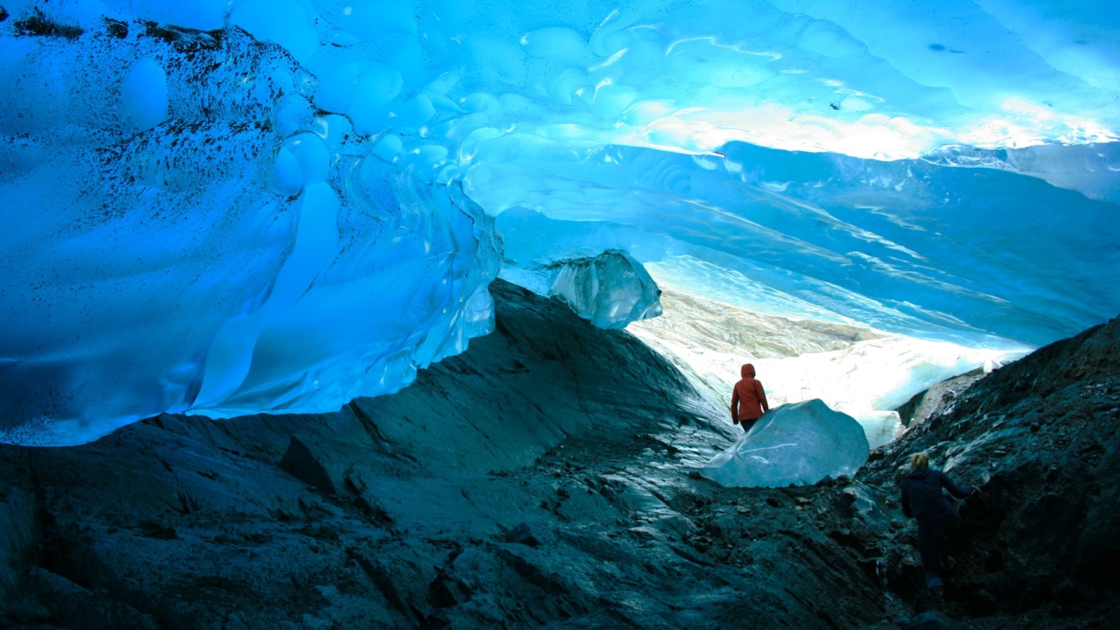 Explorer Inside Ice Cave, Mendenhall Glacier, Juneau, Alaska, USA