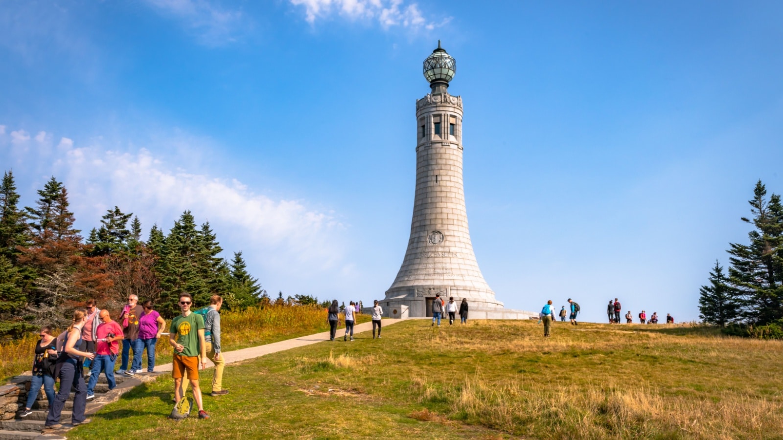 Adams, MA - 10/10/20: Visitors trek to the summit of Mount Greylock, the highest natural point in Massachusetts