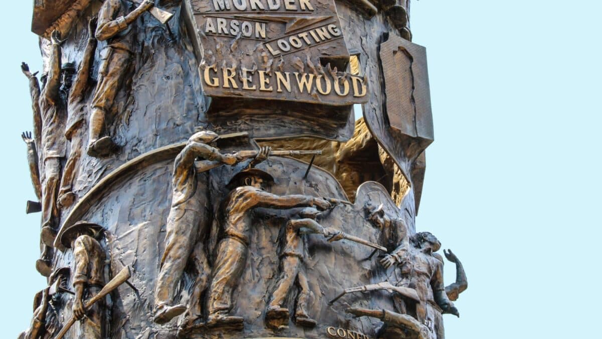 07_20_2021 Tulsa OK USA Close-up detail of The Tower of Reconciliation in Hope Park near where the race massacures took place depticting the Tulsa race riot that took place near this public park.